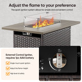 Belord 41-inch rectangular propane fire pit table with wicker and steel design, glass cover, and hidden tank for patio use.