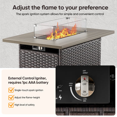 Belord 41-inch rectangular propane fire pit table with wicker and steel design, glass cover, and hidden tank for patio use.