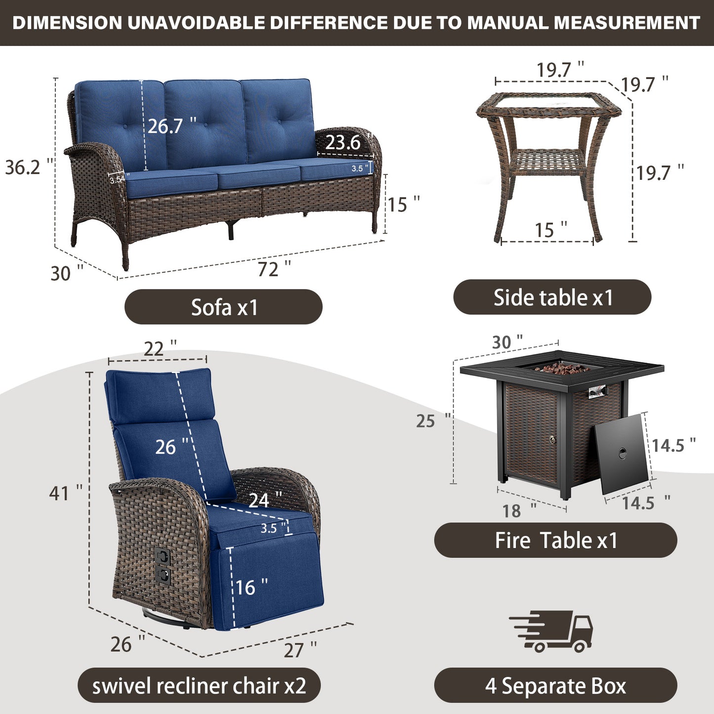 5-Piece Outdoor Set: PE Wicker Swivel Recliners + Sofa & 30" Propane Fire Table - NDS Series