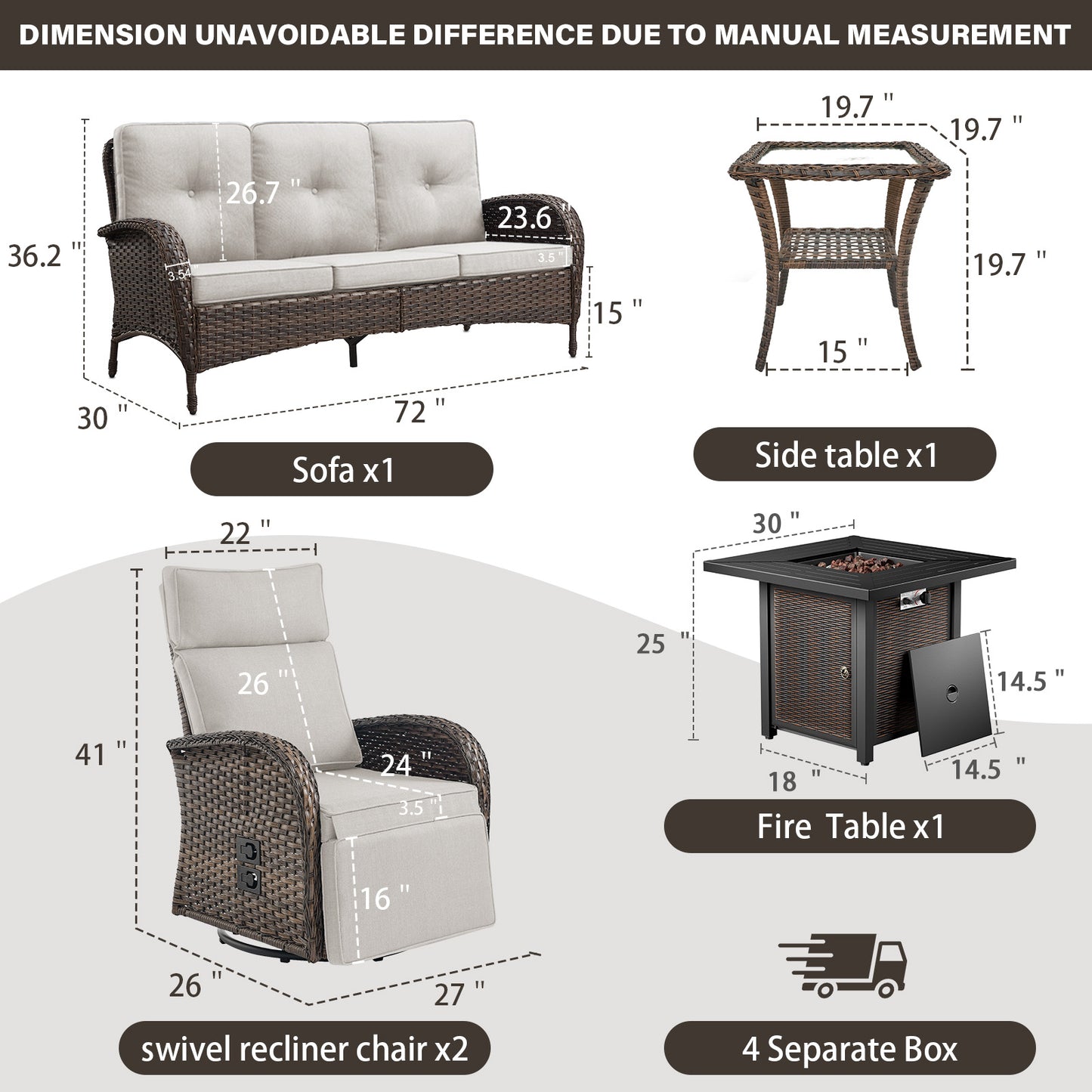 5-Piece Outdoor Set: PE Wicker Swivel Recliners + Sofa & 30" Propane Fire Table - NDS Series