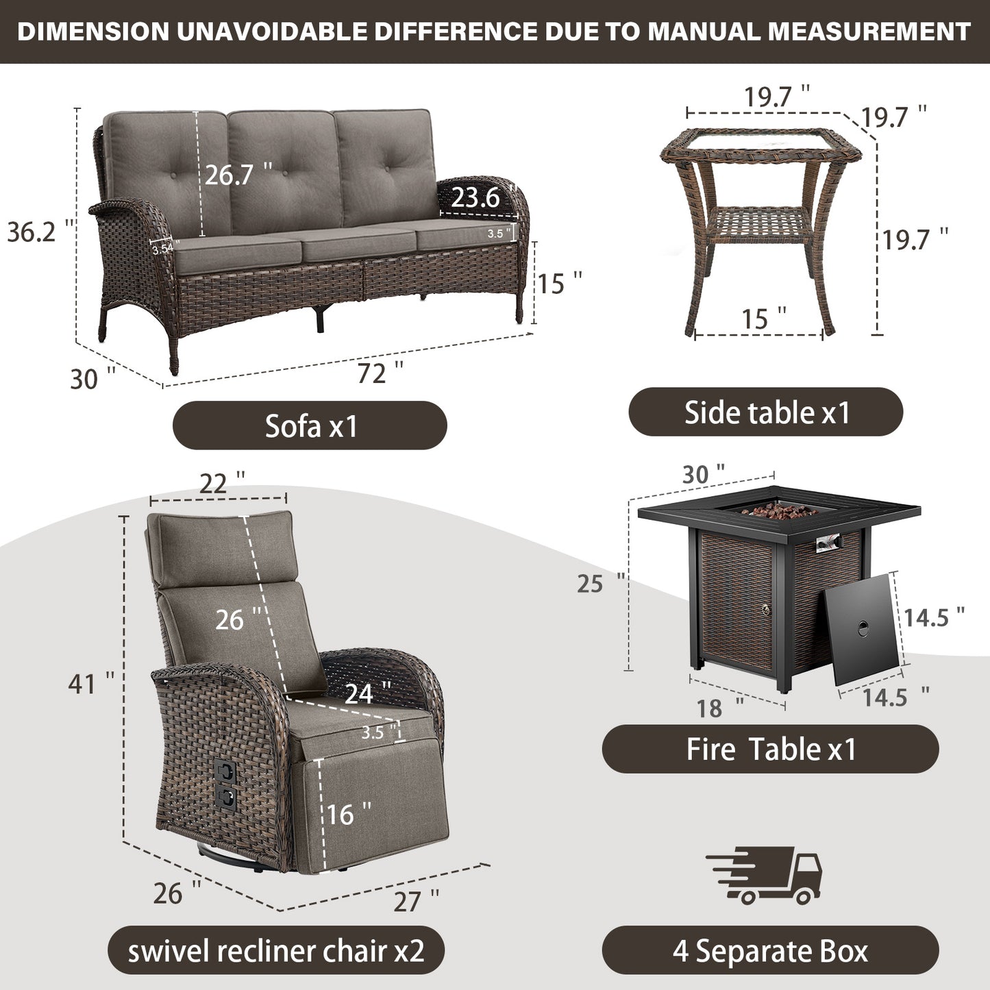 5-Piece Outdoor Set: PE Wicker Swivel Recliners + Sofa & 30" Propane Fire Table - NDS Series
