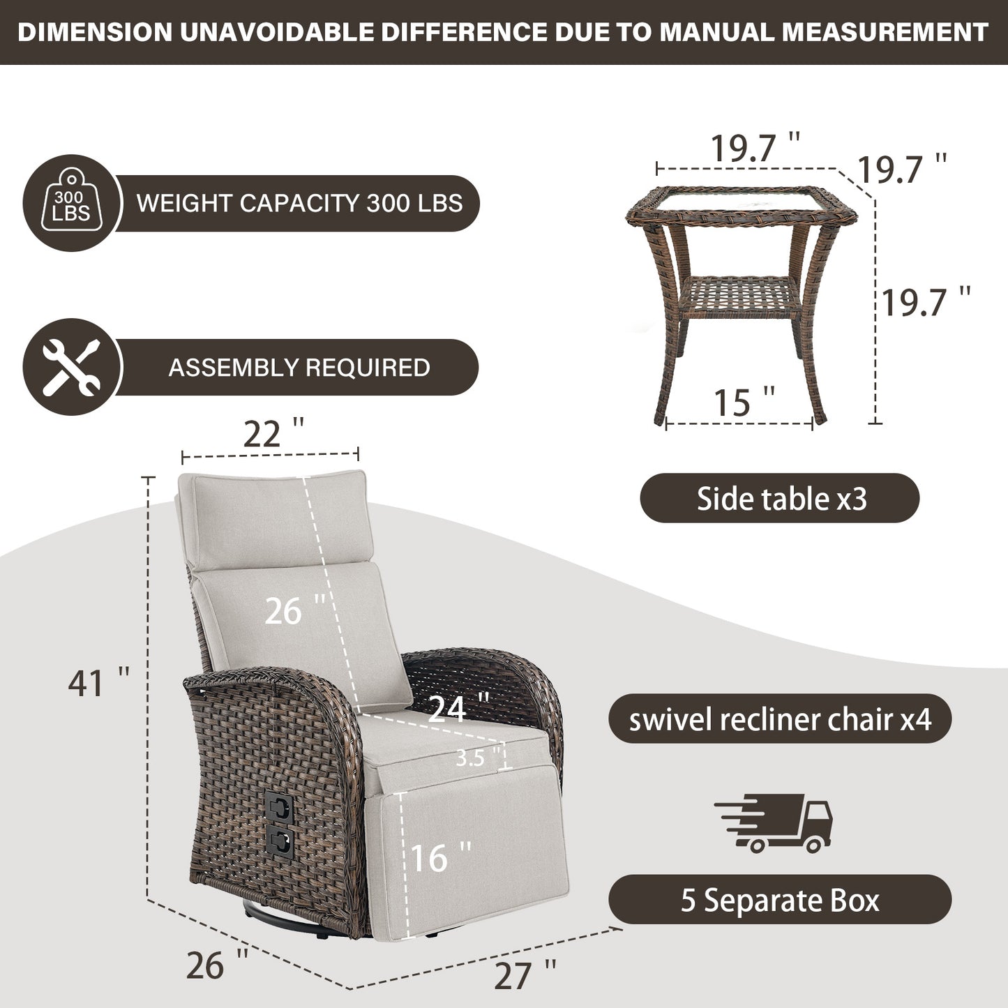 Premium 7-Piece Patio Conversation Set - 4 Swivel Recliners & 3 Side Tables with Dual-Adjust Chaise Lounges, NDS Series