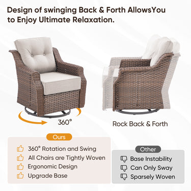 Belord 3-piece outdoor wicker swivel glider chair and side table set from the Ovolo Series, perfect for patio conversation spaces.