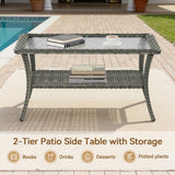 Belord outdoor wicker coffee table with glass top and storage shelf, part of the NTC patio conversation sets.