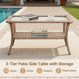 Belord outdoor wicker coffee table with glass top and storage shelf, part of the NTC patio conversation sets.