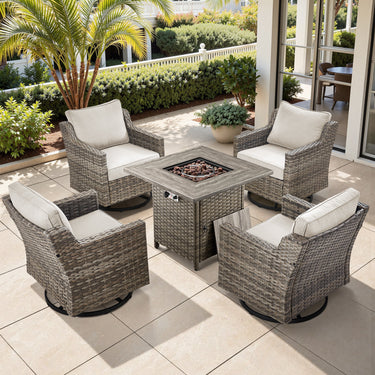 Four Belord patio swivel chairs with a fire pit table in the FG Series set, shown outdoors on a patio.