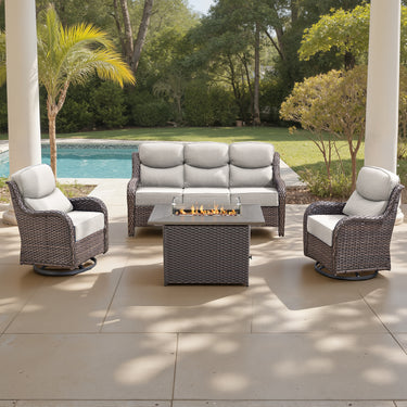 Belord 5-piece patio fire pit set with swivel chairs and fire table, perfect for outdoor gatherings and relaxation.