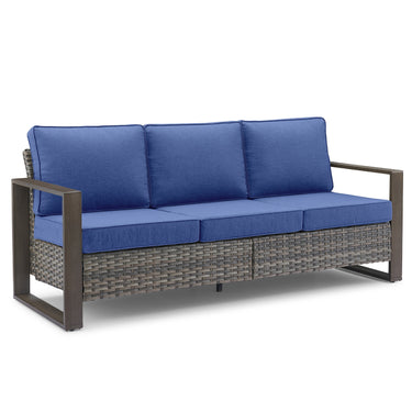 Belord deep-seat wicker patio sofa with wood grain frame, spacious 3-person outdoor conversation set from HOP Series.