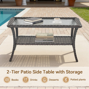 Belord outdoor wicker coffee table with glass top and storage shelf, ideal for patio conversation sets in the NTC series.