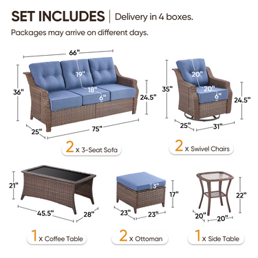 Belord 8-piece wicker swivel glider patio set with dual sofa and chairs from the OVOL series, featuring plush cushions and stylish design.
