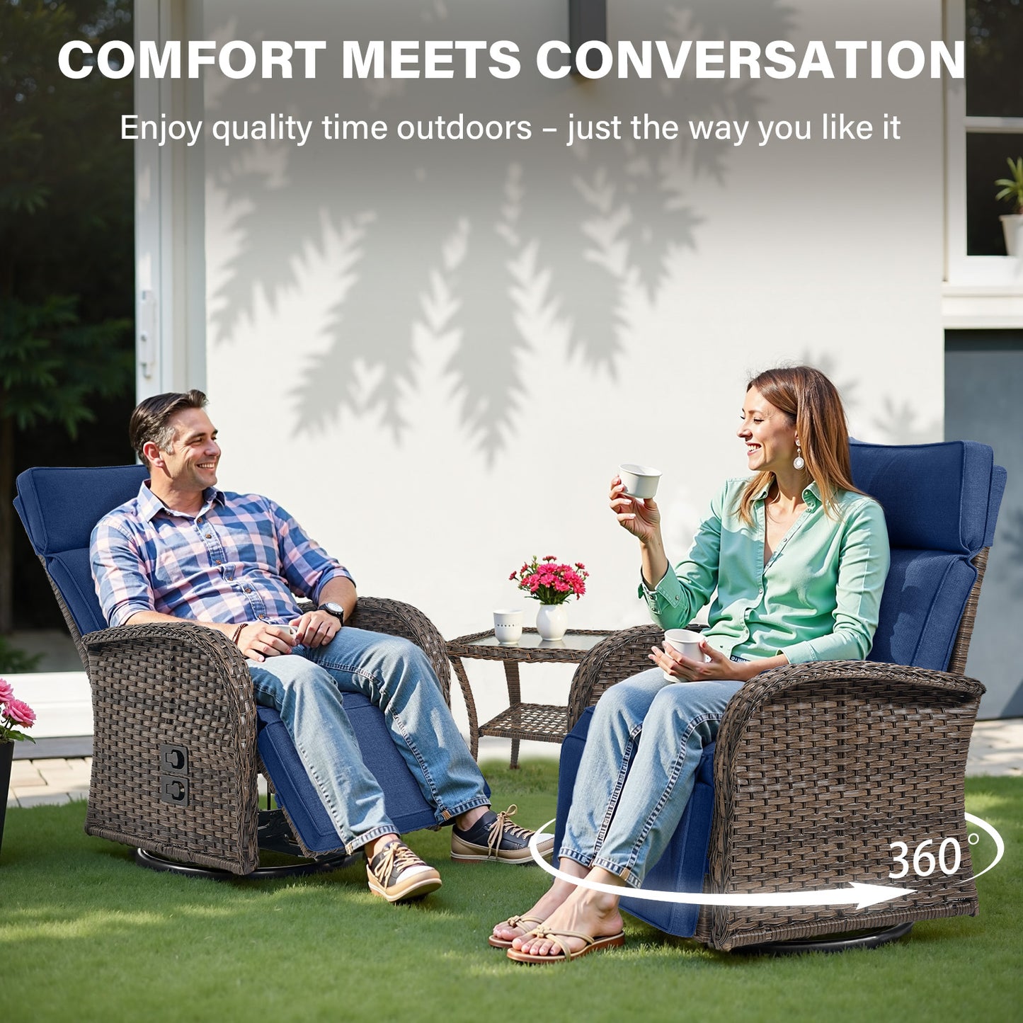 Luxury 3-Piece Adjustable Swivel Set - 360° Rotating PE Wicker Recliners with Side Tables, NDS Series
