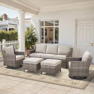 Belord 5-piece outdoor patio furniture set with all-weather wicker and swivel chairs, designed for comfortable outdoor conversation.