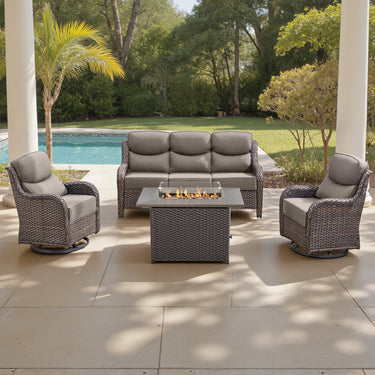 Belord 5-piece patio fire table set with swivel chairs, featuring a fire pit table for outdoor entertaining.