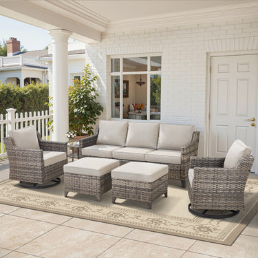 Belord 6-piece patio conversation set with sofa, two swivel chairs, two ottomans, and glass table for outdoor lounging.