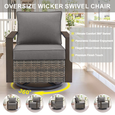 Belord oversize wicker swivel rocker chair with 360° rotation, water-resistant cushion, perfect for patio conversation sets.
