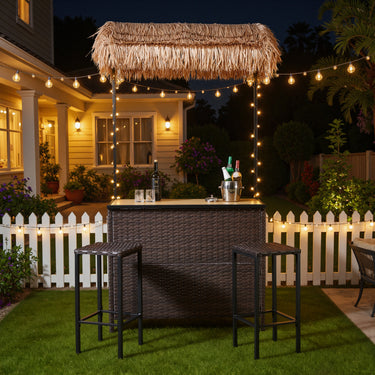 Belord 3-piece outdoor tiki bar set with canopy, wicker table, bar stools, wine rack, and storage for patio entertaining.
