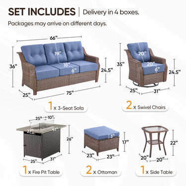 Belord 7-piece wicker swivel glider sofa and fire pit table set from the OVOLO Series for patio outdoor living.