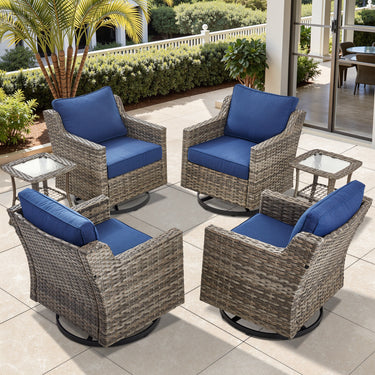 Belord 6-piece patio conversation set with four swivel rocker chairs and two side tables, all-weather PE rattan for outdoor patio.
