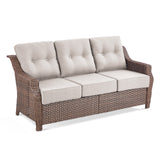 Belord Outdoor Wicker 3-seat patio sofa with plush 6-inch cushions from the OVOLO Series, perfect for outdoor conversation areas.