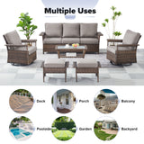 Belord outdoor wicker swivel glider patio chair with 4-inch wide armrests, SS Series, shown in a stylish outdoor setting.