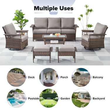 Belord outdoor wicker swivel glider patio chair with 4-inch wide armrests, stainless steel frame, and cushioned seating.