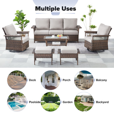 Belord outdoor wicker swivel glider patio chair with 4-inch wide armrests in SS Series, showing a comfortable seating design.