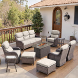Belord 10-piece patio fire pit set with sofa and swivel chairs, featuring a stylish fire table for outdoor gatherings.