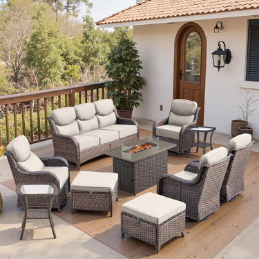 Belord 10-piece patio fire pit set with sofa and swivel chairs, featuring a stylish fire table for outdoor gatherings.