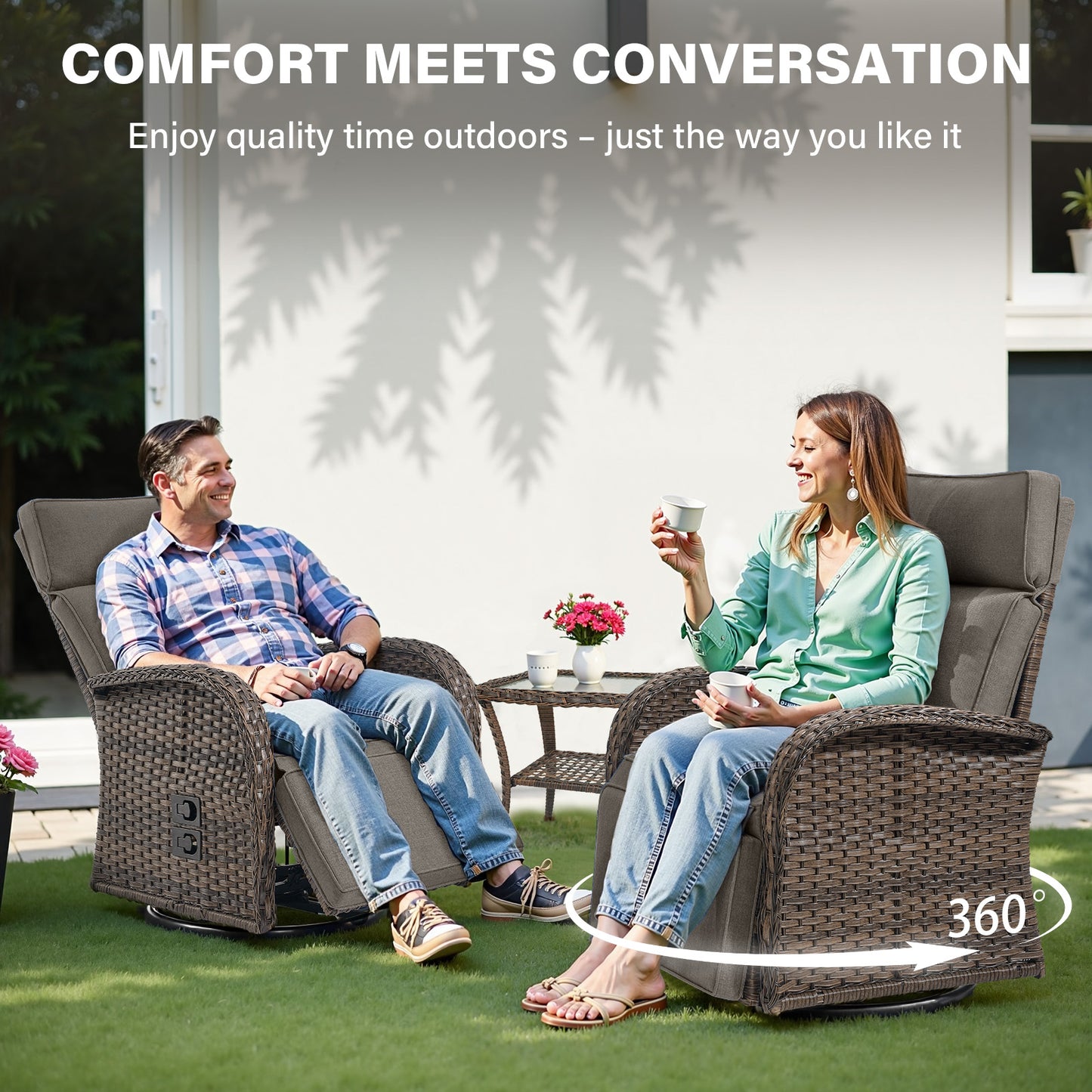Luxury 3-Piece Adjustable Swivel Set - 360° Rotating PE Wicker Recliners with Side Tables, NDS Series