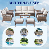 Set of three Belord wicker patio swivel glider chairs with side table for outdoor relaxation, SS Series design.