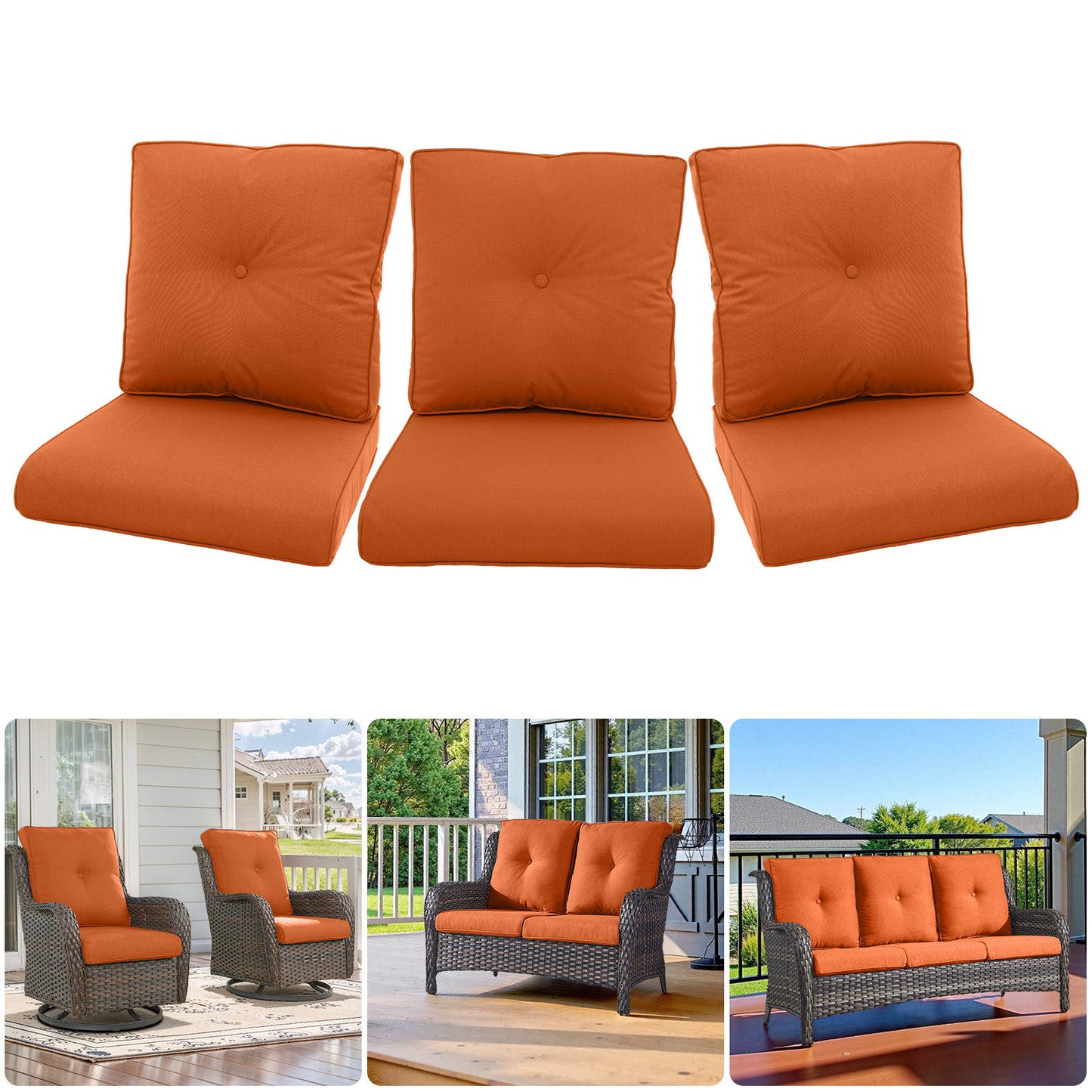 Outdoor Furniture Cushions with Removable Covers - Set of 6 (3 Seat & 3 Back) 22x24x4 Inch Patio Pillows