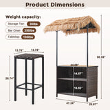 Belord 3-piece outdoor tiki bar set with canopy, wicker table, bar stools, wine rack, and storage for patio entertaining.