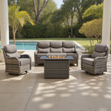 Belord 5-piece patio fire table set with swivel chairs, featuring a fire pit table and outdoor seating for relaxing evenings.
