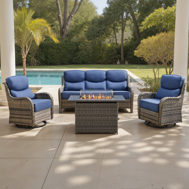 Belord 5-piece patio fire table set with swivel chairs, including fire pit table and comfortable outdoor seating for patio gatherings.