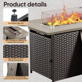 Belord 41-inch rectangular propane fire pit table with wicker and steel design, glass cover, and hidden tank, 50,000 BTU patio set