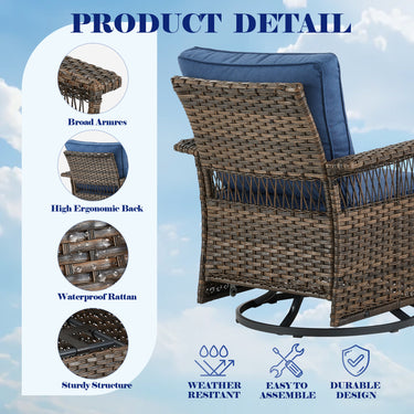 Set of three Belord wicker patio swivel glider chairs with side table, SS Series outdoor furniture for relaxing outdoor spaces.