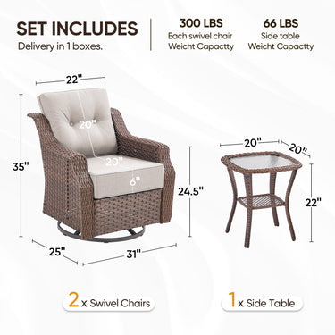 Belord 3-piece outdoor wicker swivel glider chair and side table patio set from the Ovolo Series, perfect for outdoor conversation.