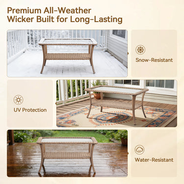 Belord outdoor wicker coffee table with glass top and storage shelf, part of the NTC patio conversation set.