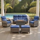 Belord 7-piece patio fire table set with sofa and swivel chairs, outdoor fire pit and seating for cozy gatherings.