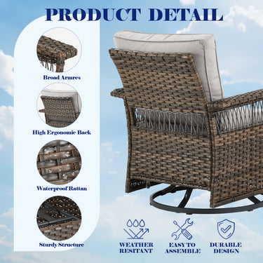 Set of three Belord wicker patio swivel glider chairs with side table, featuring woven rattan design and cushioned seats.