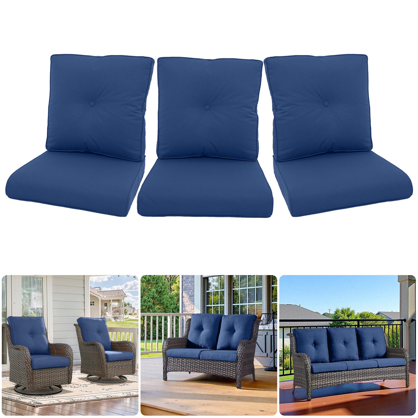 Outdoor Furniture Cushions with Removable Covers - Set of 6 (3 Seat & 3 Back) 22x24x4 Inch Patio Pillows
