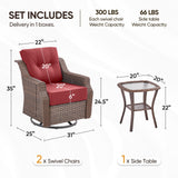 Belord 3-piece outdoor wicker swivel glider chair and side table set from the OVOLO Series, patio conversation furniture with cushioned seats.