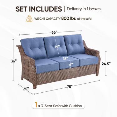 Belord Outdoor Wicker 3-Seat Sofa with thick cushions from the OVOLO Series in a patio conversation set setting.