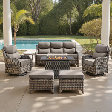Belord 7-piece patio fire pit set with sofa and swivel chairs, featuring a fire table for outdoor entertainment and comfort.