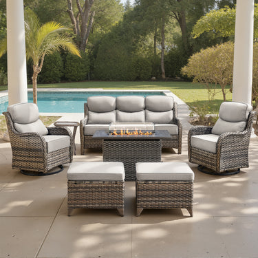 Belord 7-piece patio fire pit set with sofa and swivel chairs, featuring a stylish fire table for outdoor gatherings.