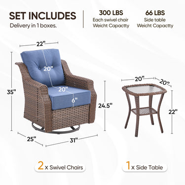 Belord 3-piece outdoor wicker swivel glider chair and side table patio set from the OVOLO Series, featuring woven wicker and cushioned seats.