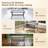 Belord outdoor wicker coffee table with glass top and storage shelf, part of the NTC patio conversation sets series.