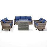Belord 7-piece patio fire pit set with sofa, swivel chairs, and side table, featuring modern outdoor furniture for cozy gatherings.