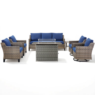 Belord 7-piece patio fire pit set with sofa, swivel chairs, and side table, featuring modern outdoor furniture for cozy gatherings.