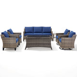 Belord 7-piece patio conversation set with sofa, swivel chairs, coffee table, and side table for outdoor relaxing.